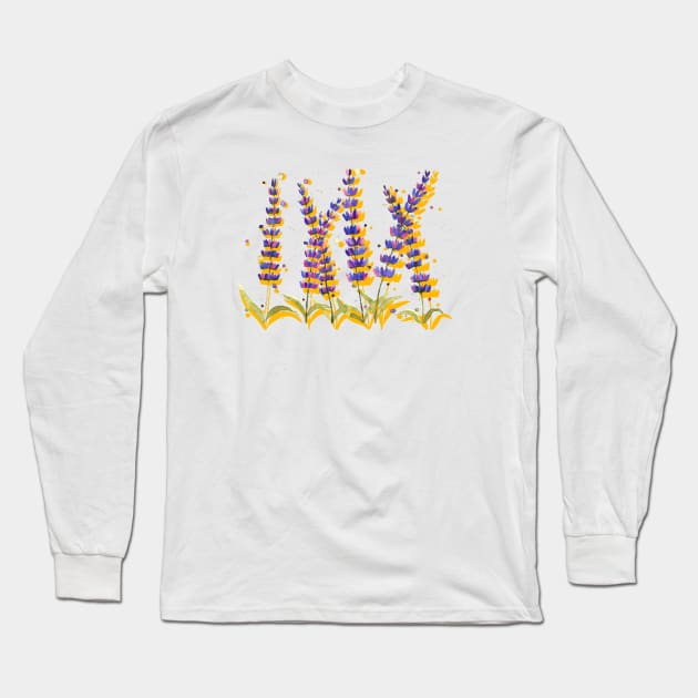 Lavender flowers with yellow background Long Sleeve T-Shirt by cesartorresart